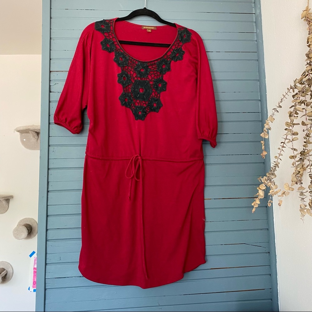 MEDIUM, Red Dress by Hive&Honey with black lace detail and cinch at waist